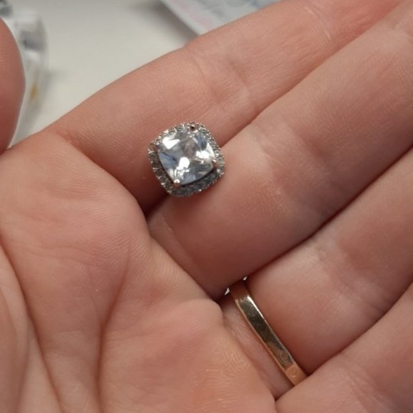 Silver Diamond Halo Cushion Stud Earrings, NEW - Picture 8 of 10